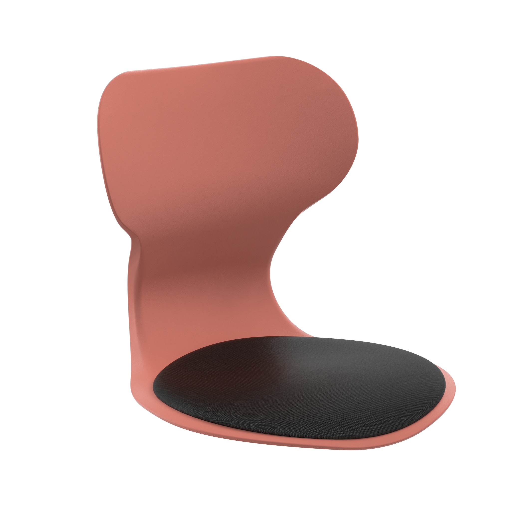 Rundes Sitzkissen in schwarzer Farbe, das auf einer korallenroten Sitzschale platziert ist. Das Kissen ist ergonomisch geformt und passt sich optimal der Sitzfläche der Schale an. Die Polsterung erscheint hochwertig und komfortabel.